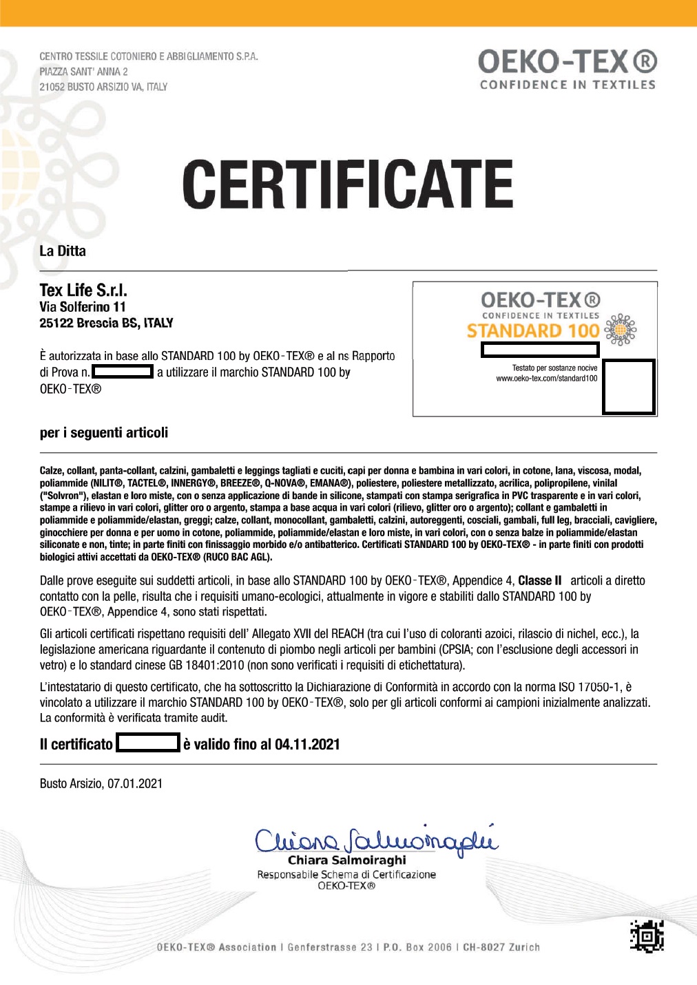 Certificato qualita TexLife